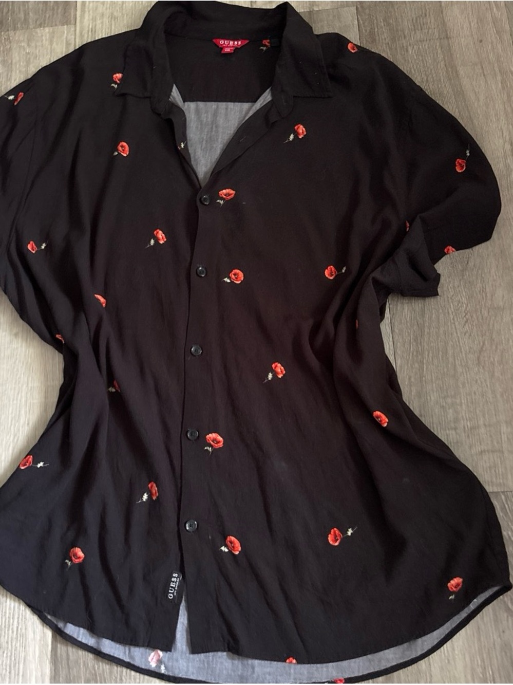 Guess Black Button-Down Shirt with Red Floral Embroidery